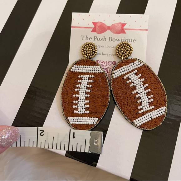 Football Seed Beaded Game Day Brown Oval Earrings with White Bead Laces - Picture 6 of 10